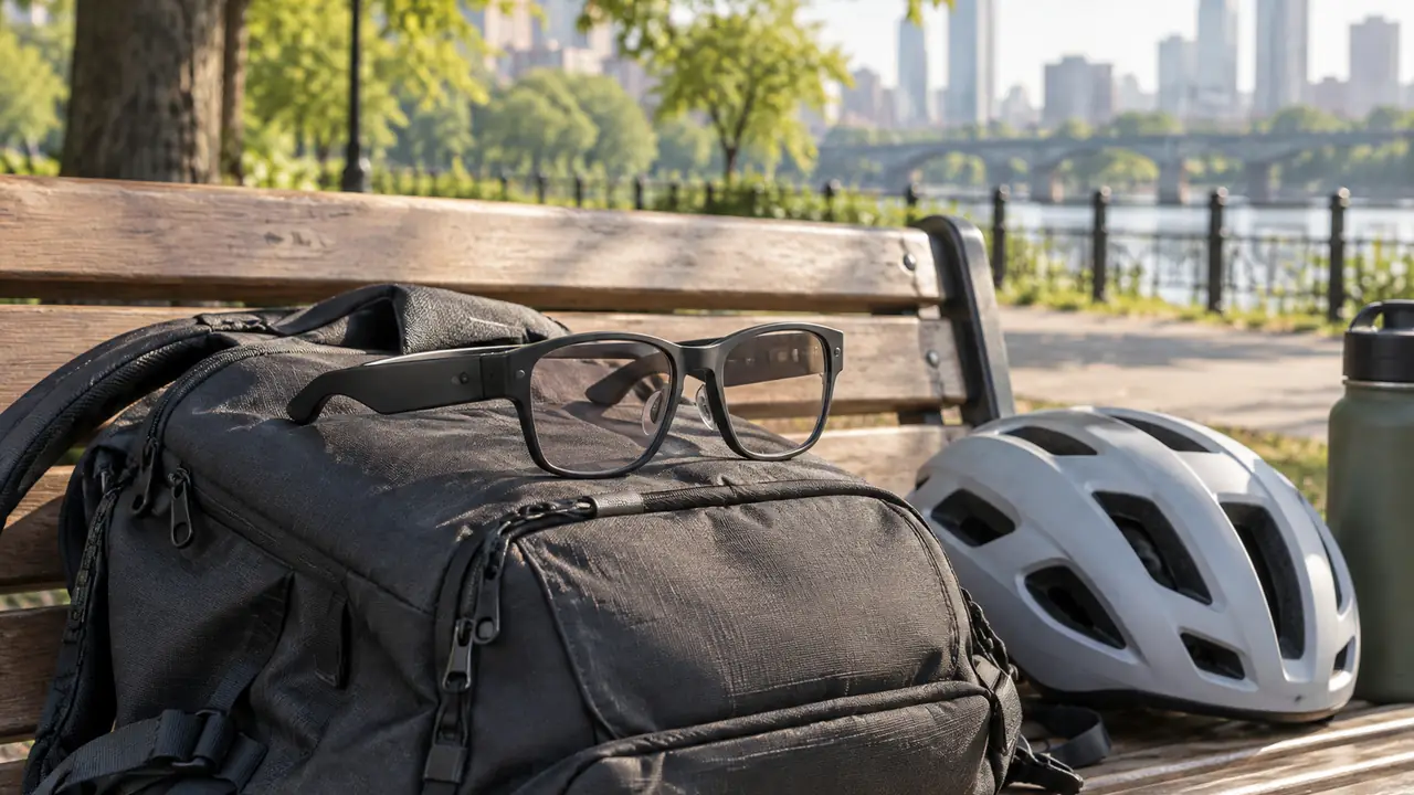 Six smart glasses applications laid out on a work table: sport wrap frame, call glasses, camera glasses and charging cases