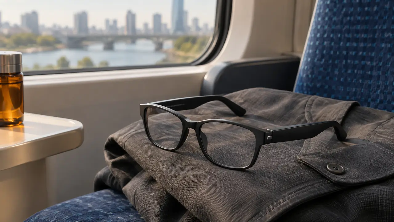 Everyday smart glasses for commuting with photochromic lenses resting on a backpack strap next to a transit card