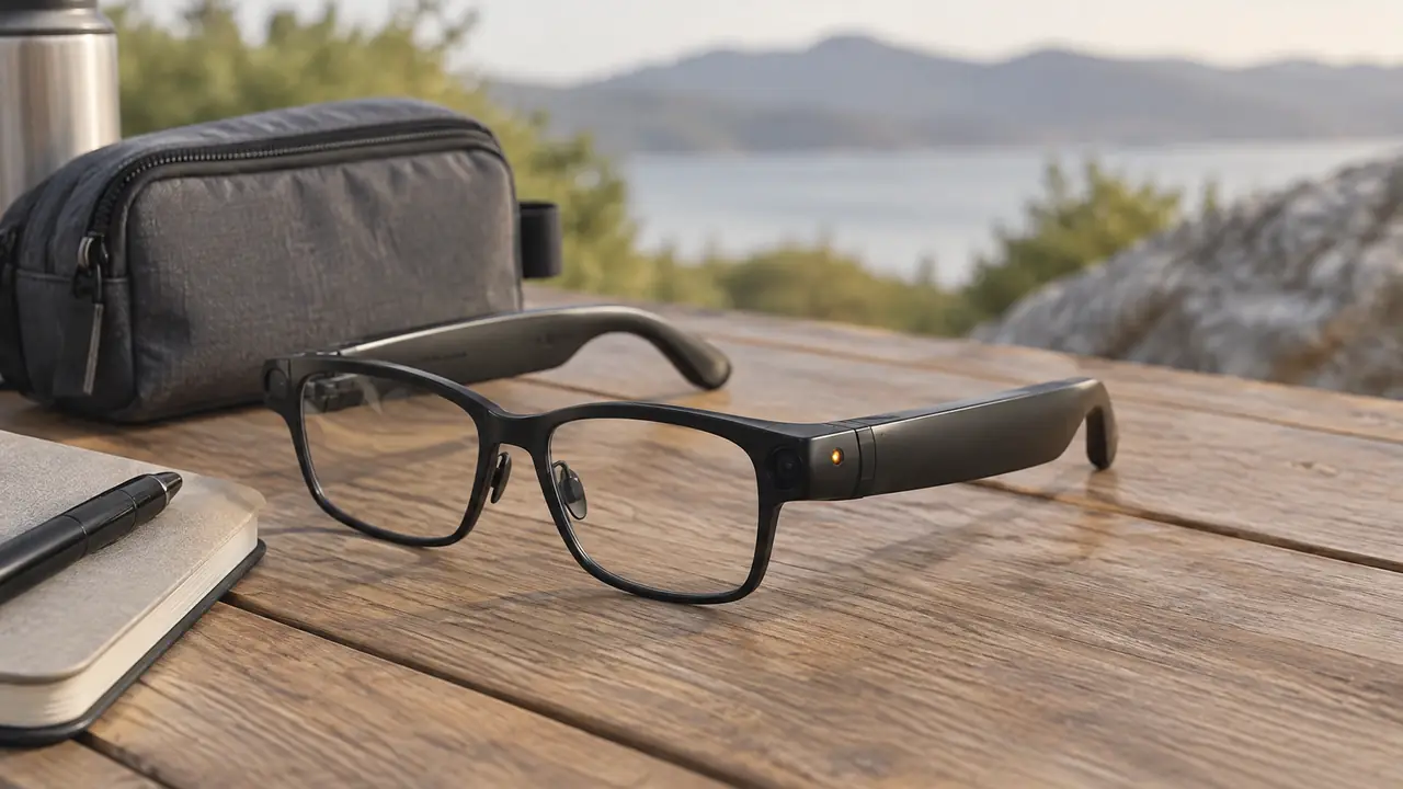 Camera glasses for content creation on a desk beside a phone transfer screen, front camera and recording indicator LED visible