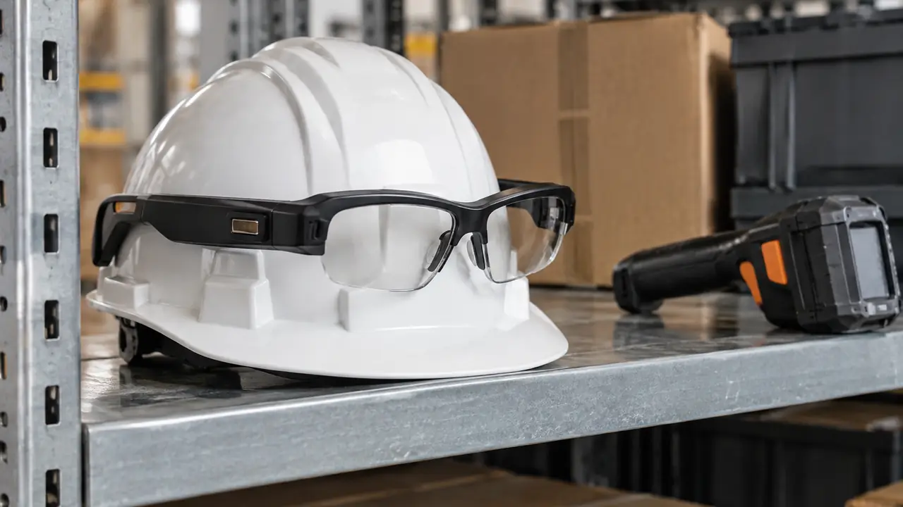 Illustration of smart glasses for field work: a fleet of call glasses on a charging rack beside warehouse shelving