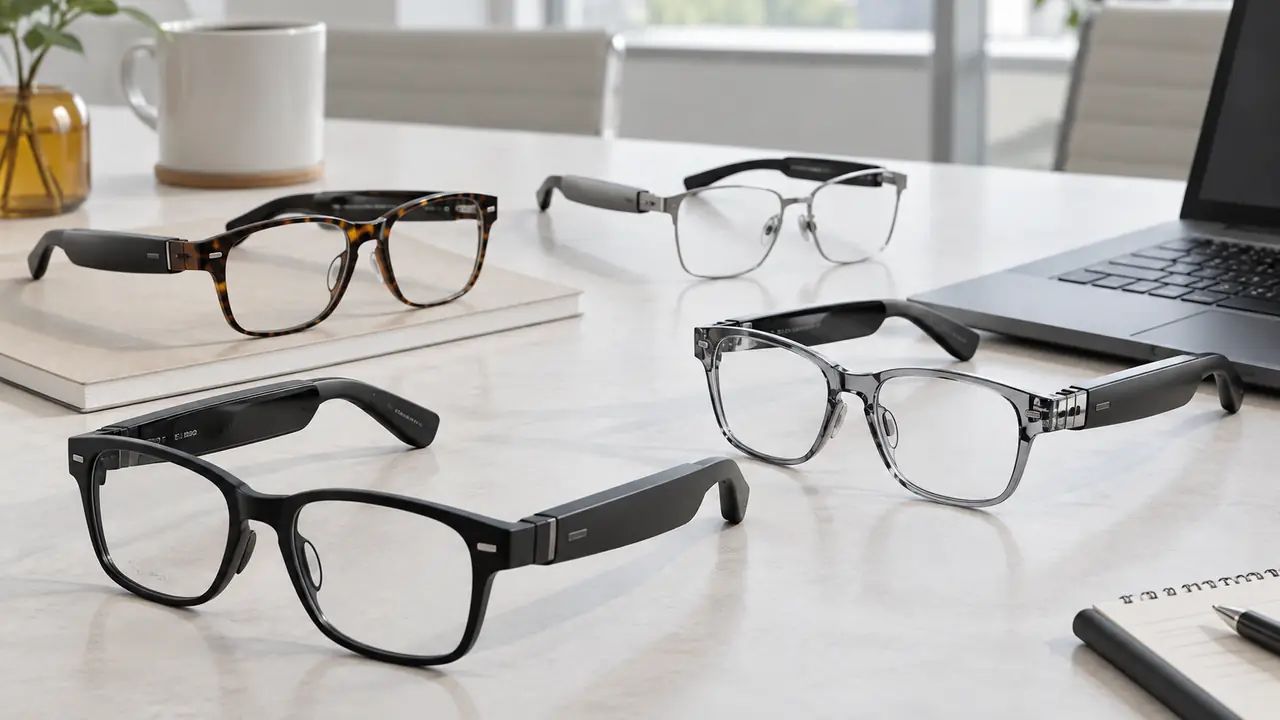 Business call smart glasses for office use folded beside a laptop and notebook on a desk, temple microphones visible