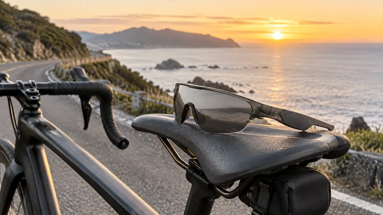 Wrap-style smart glasses for sports and outdoor use on a bike saddle, polarized lens and open-ear temple speaker visible