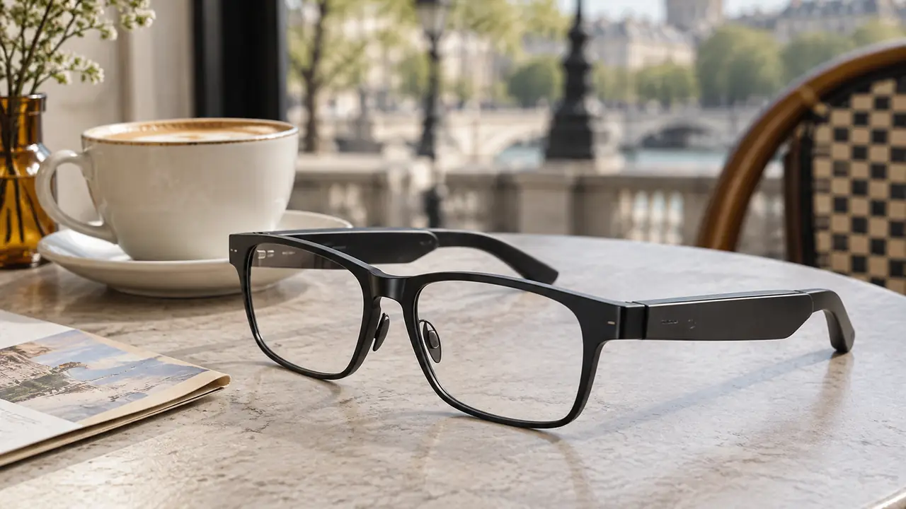 AI translation glasses for travel on a passport wallet next to a boarding pass and a phone showing a translation app