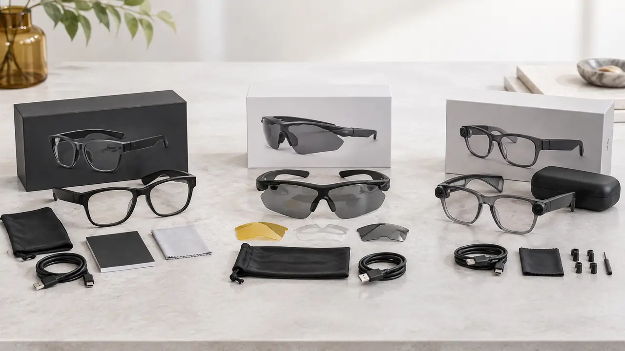 Smart glasses case studies files: four program folders with spec sheets, sample frames and inspection photos on a table
