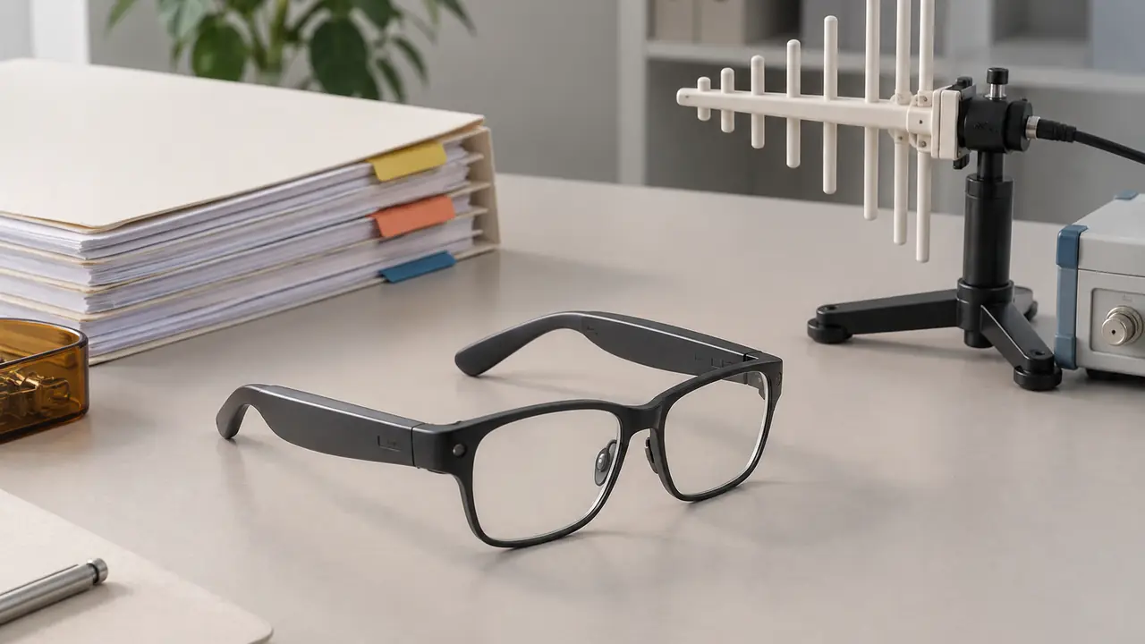 Smart glasses compliance and certifications documents laid beside a folded pair with the regulatory label on the temple