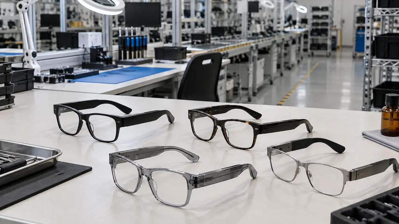 Illustrative smart glasses factory audit scene with ESD workbench, temple boards in trays and a shielded RF test box