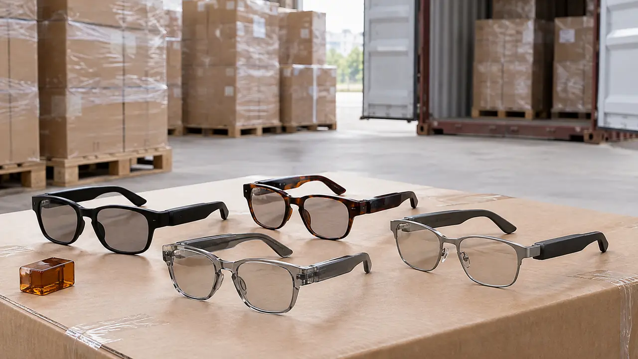 Smart glasses shipping cartons with lithium battery marks stacked on a pallet beside a sealed master carton