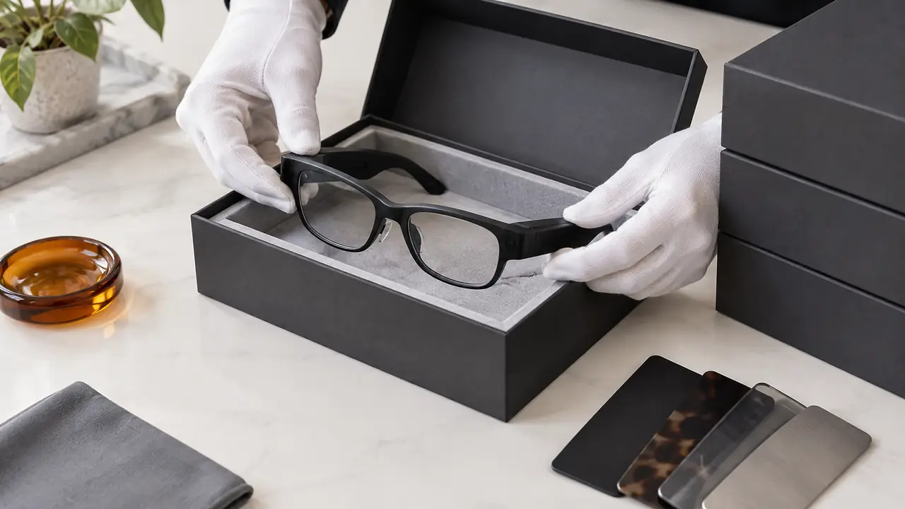 Smart glasses OEM and private label samples: colour chips, lens swatches, logo temples and a printed retail box