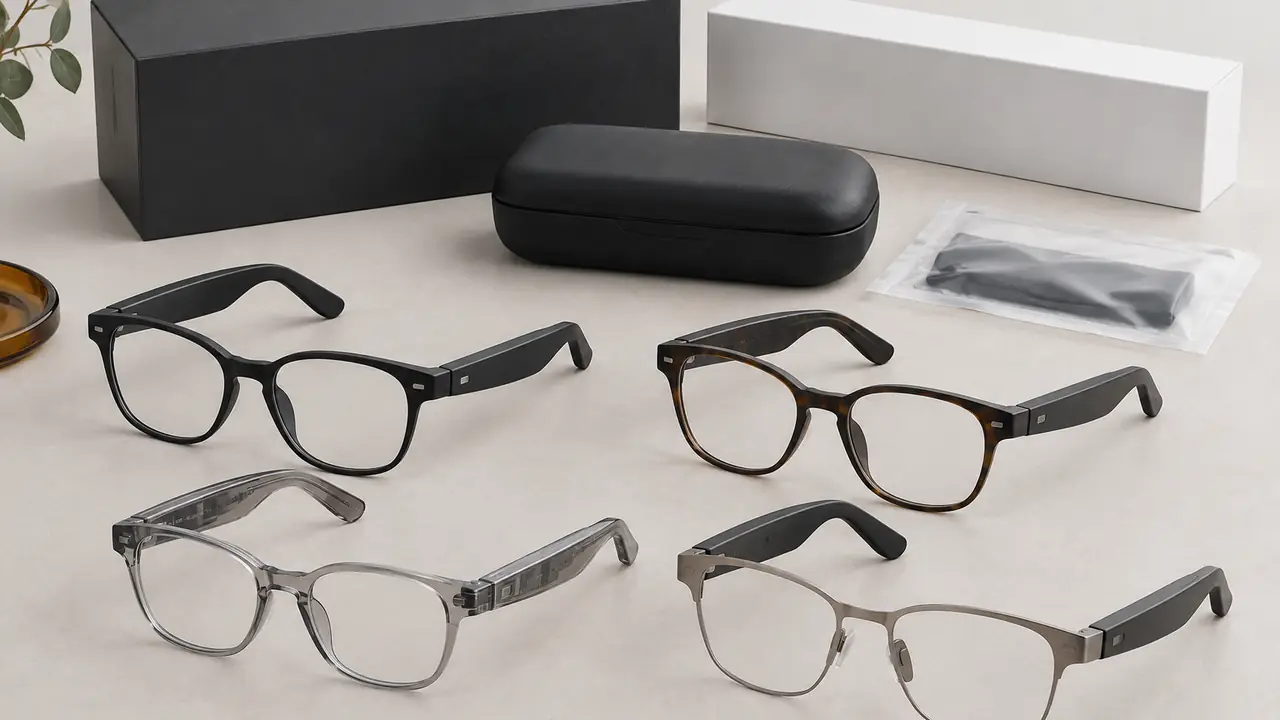 Smart glasses retail boxes and gift box with insert tray, charging case, folded manual and barcode label on a bench