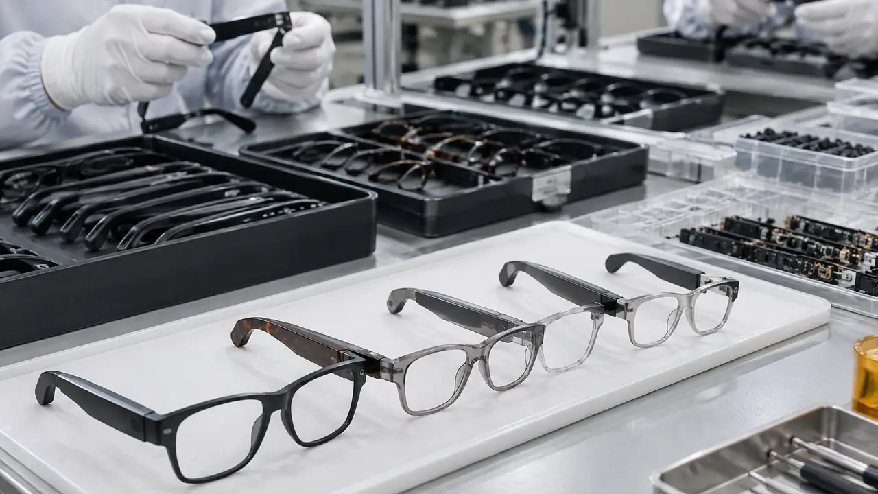 Illustrative smart glasses production process line with temple boards, hinge assembly fixtures and packed glasses cartons