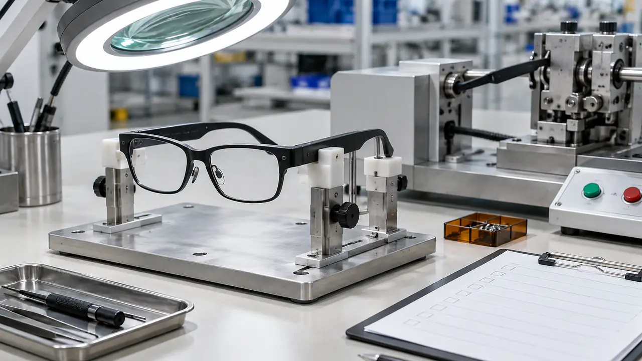 Smart glasses quality control bench with a signed golden sample pair, inspection checklist and temple boards in ESD trays