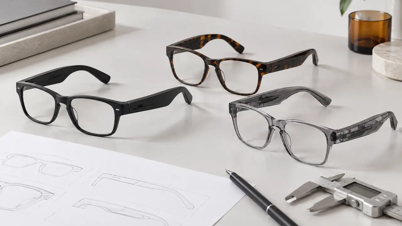 Smart glasses sourcing process on a desk: spec sheet, golden sample in a sealed bag, inspection checklist and cartons