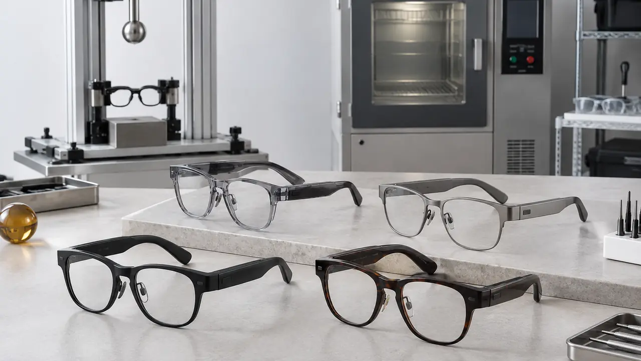 Smart glasses testing and inspection station with a hinge cycling fixture, acoustic test box and lens transmission meter
