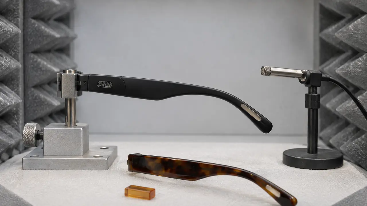 Acoustic design parts for open-ear audio glasses: temple shell with speaker chamber, port grille and small driver