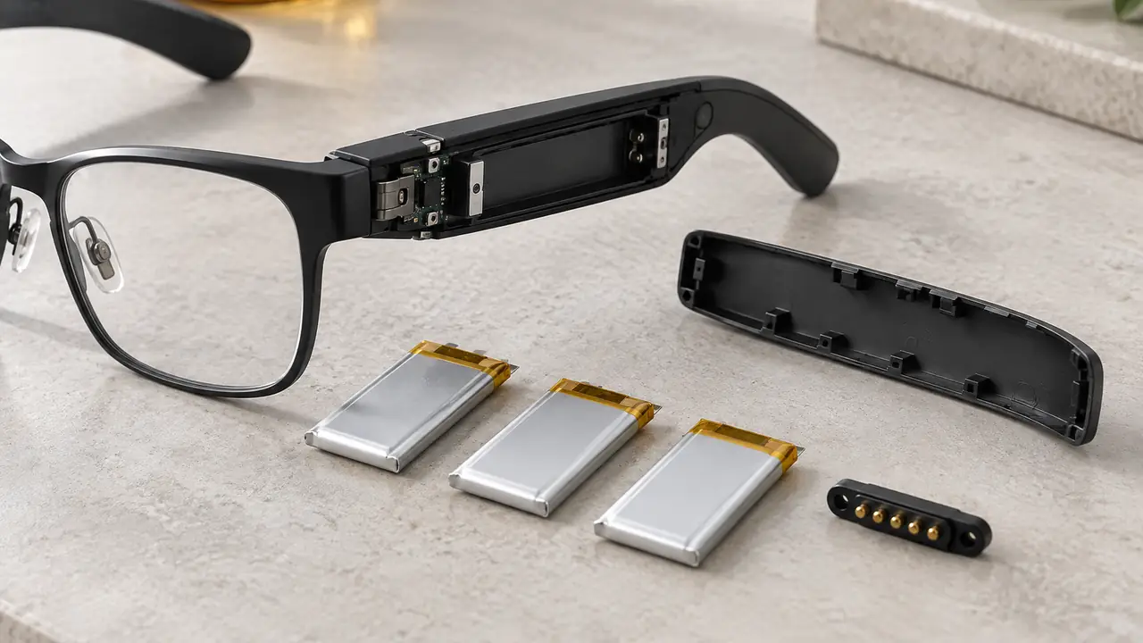 Smart glasses battery and charging parts: two slim temple cells, magnetic pogo pin cable and a charging case