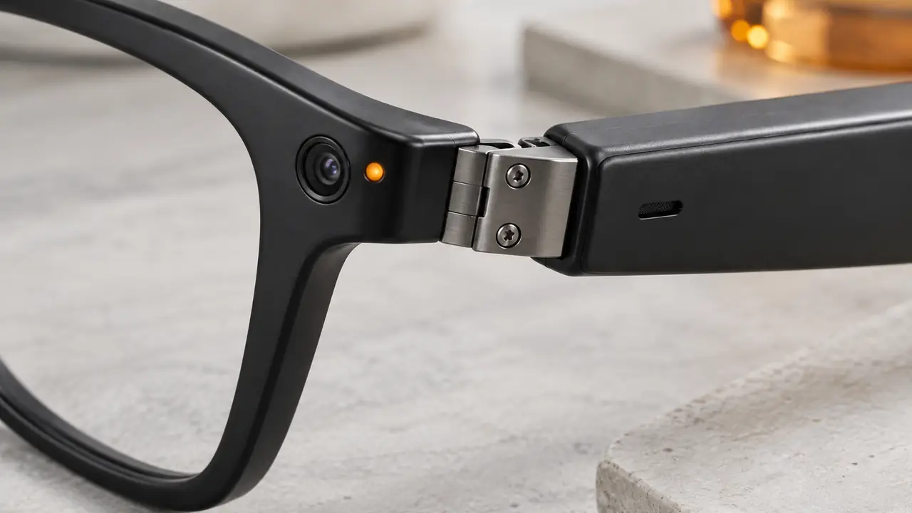 Camera module for smart glasses on a test fixture: small sensor board, lens barrel and a recording indicator LED in the frame