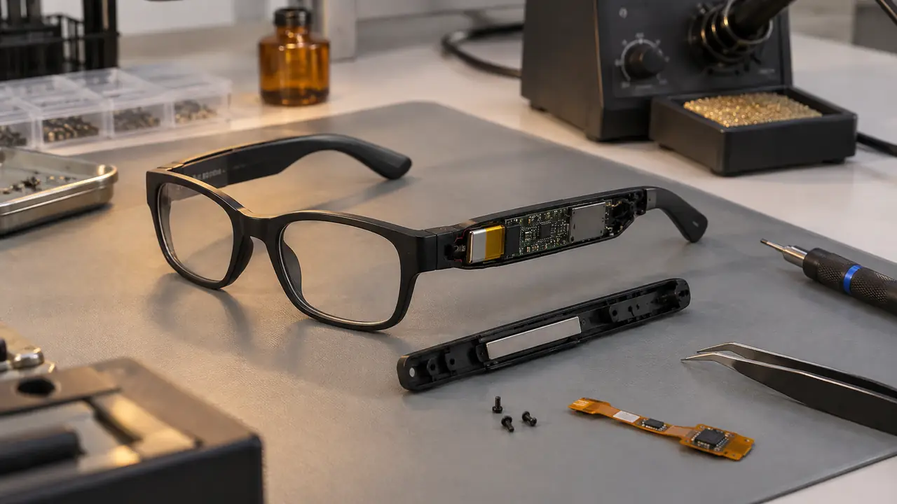 Smart glasses engineering bench with an opened temple, flex cable, small cells and speaker parts laid out in order