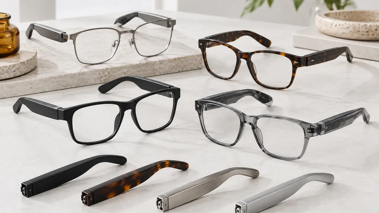 Smart glasses frame materials on a workbench: TR90 front, acetate sheet, titanium temple core and aluminium temple shell