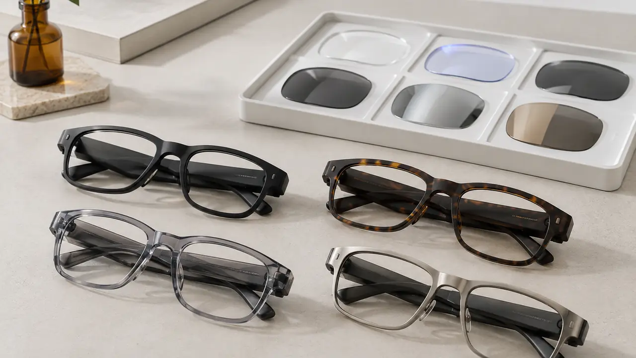Smart glasses lens options in a tray: clear, polarized grey, brown tint and photochromic lens blanks beside a front