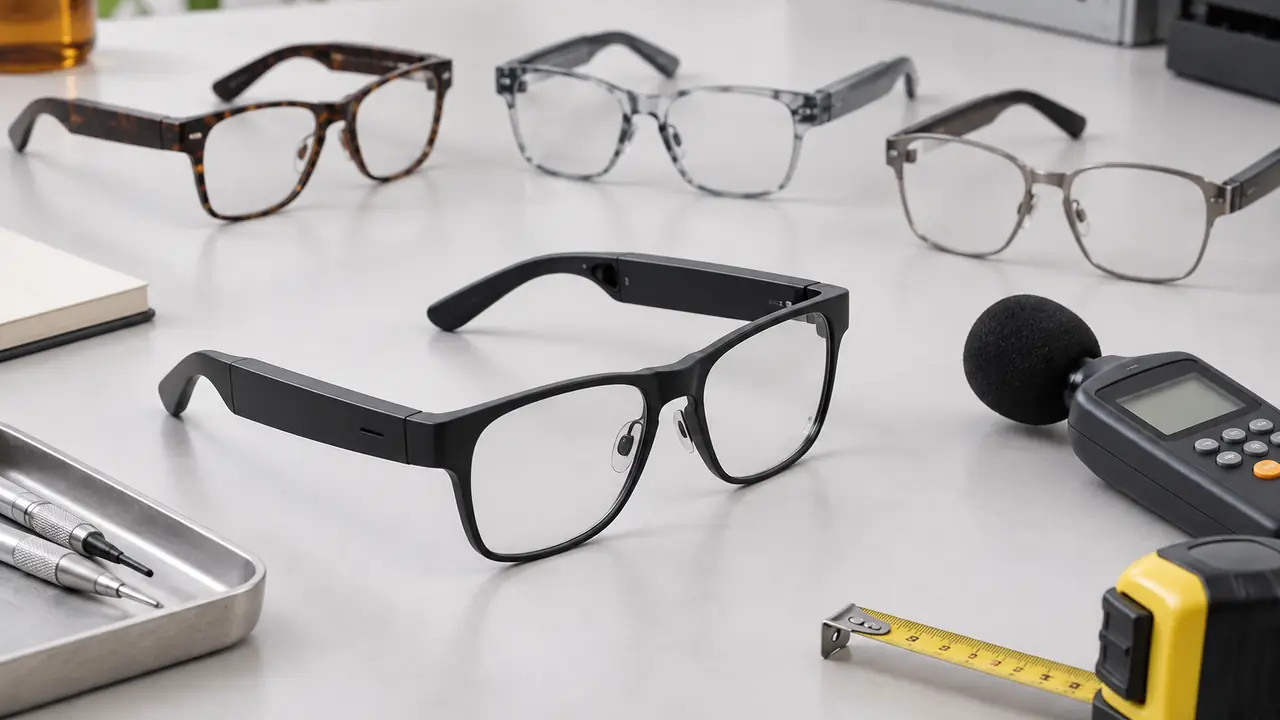 Audio glasses buying guide: open-ear and bone conduction temples side by side with a spec sheet and IP test card