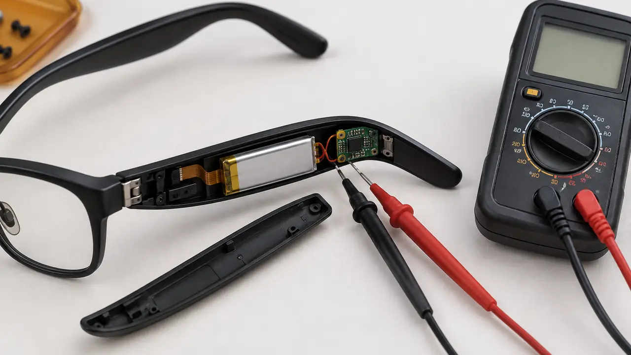 Smart glasses battery and runtime guide: temple cells, magnetic pogo charging cable and a UN 38.3 test summary on a desk