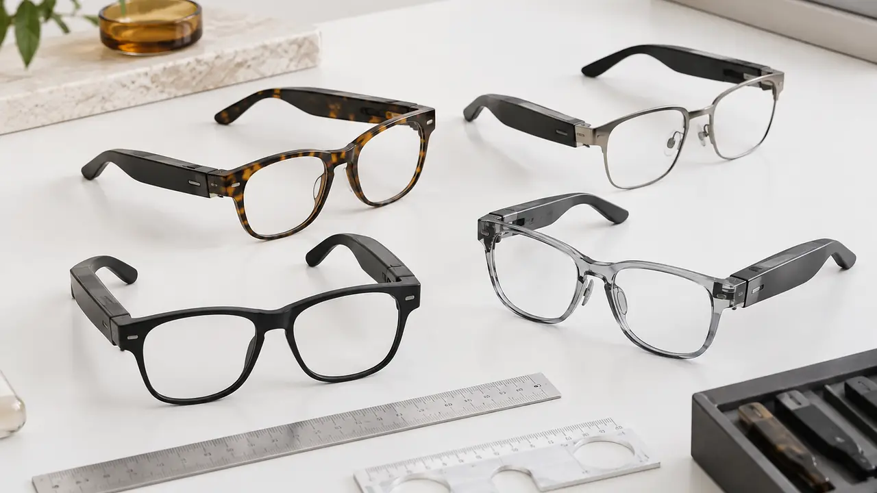 Lens and frame fit guide for smart glasses: TR90, acetate and titanium fronts beside tinted lens samples and a ruler
