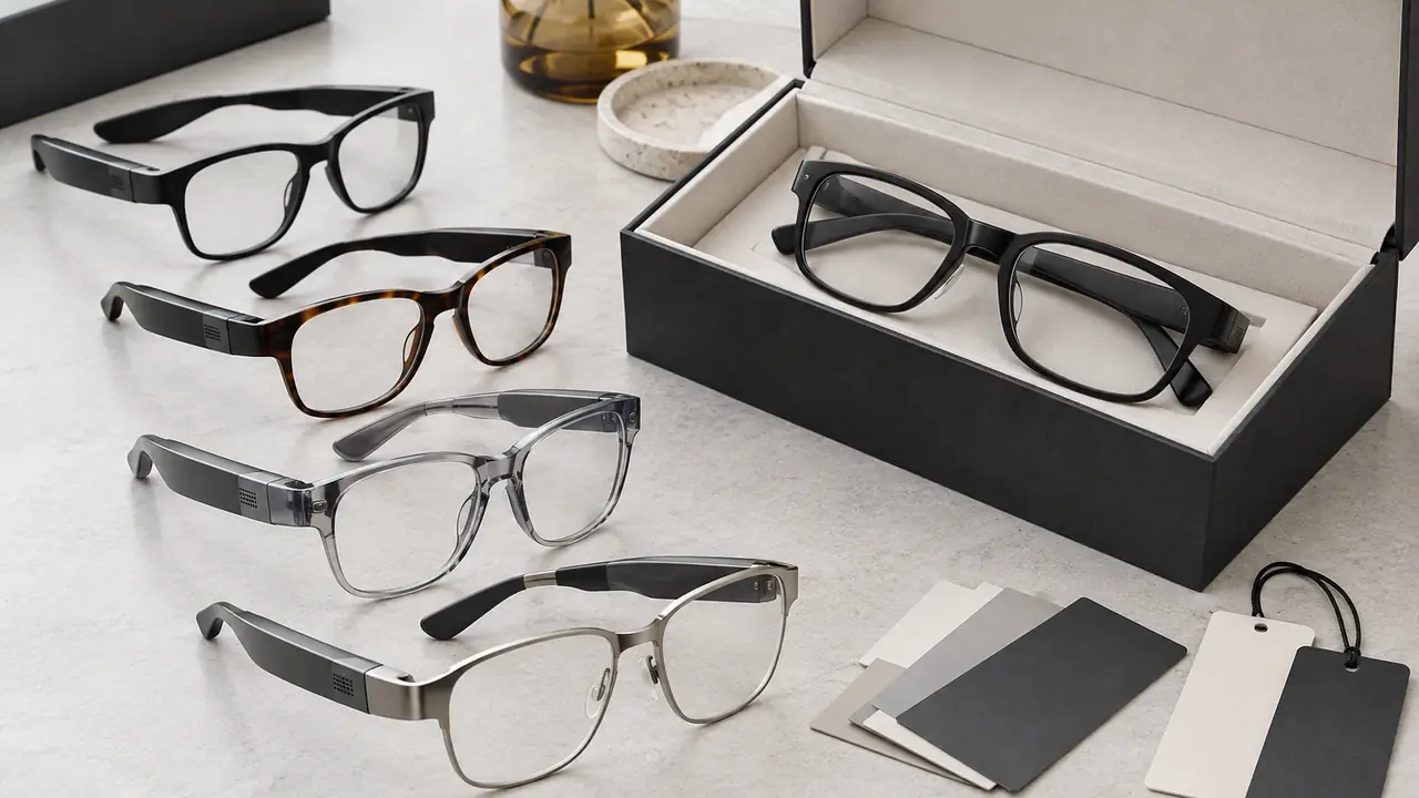 Smart glasses OEM and private label guide: logo-printed temples, retail boxes and a frame mould insert on a table