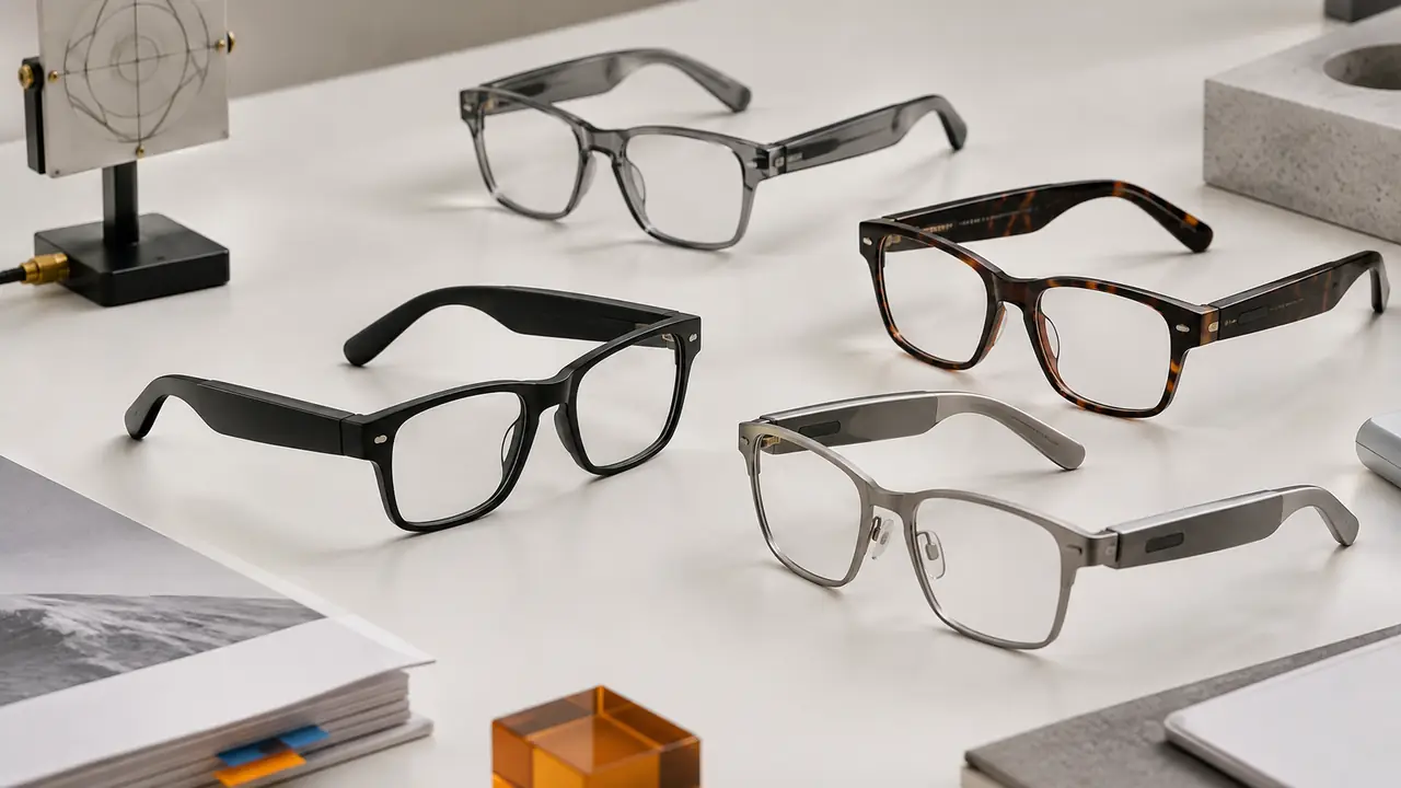 Smart glasses certification guide: audio glasses on a test bench next to RF test reports and a lens transmittance meter
