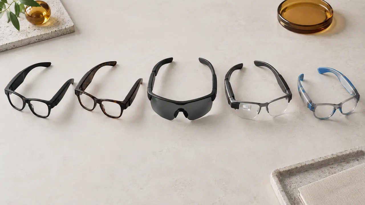 Smart glasses types guide: twelve frames sorted into audio, AI, camera and specialty rows on a workbench