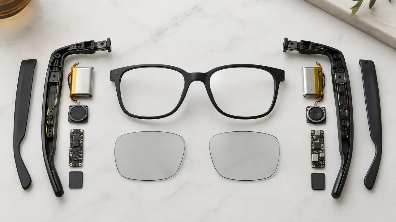 Smart glasses category overview: audio, camera and Rx-ready frames laid out with an opened temple module