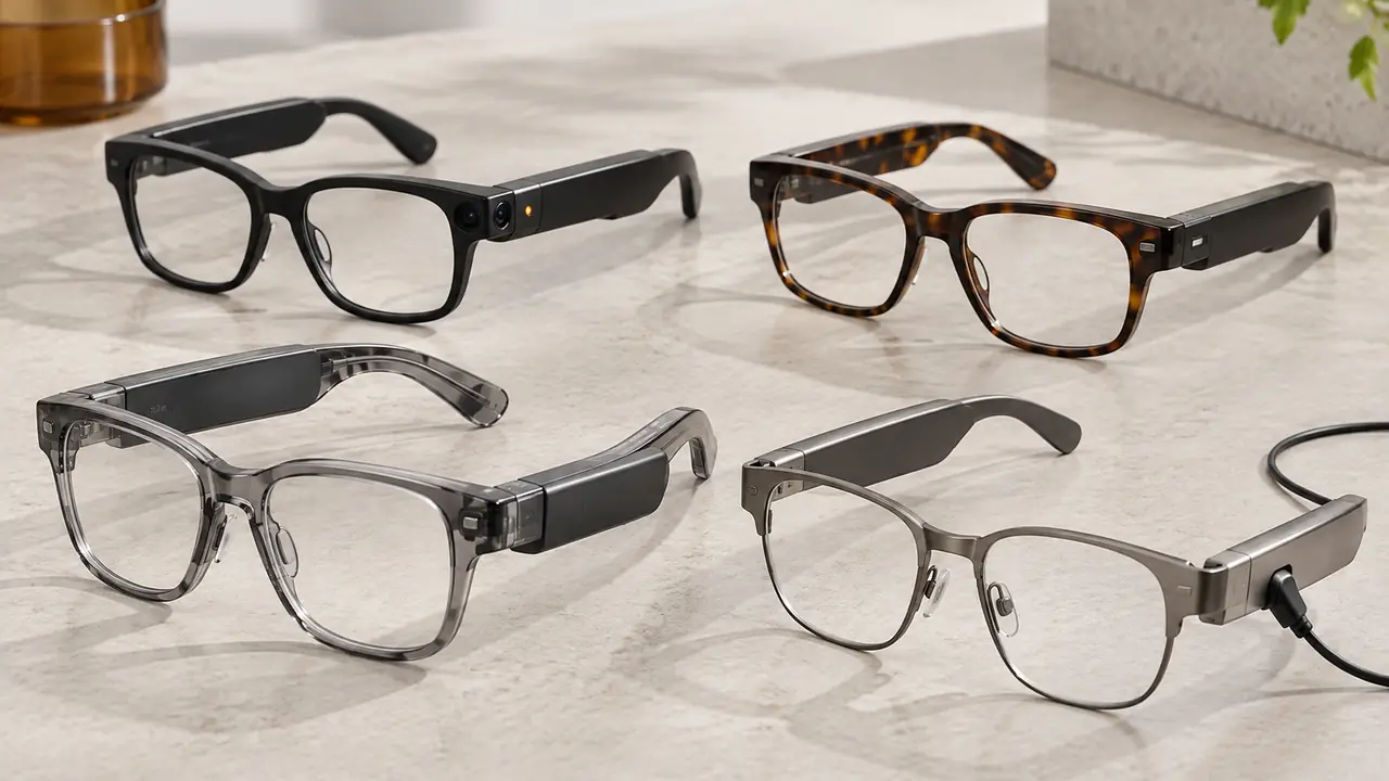 AI glasses family laid out on a workbench: translation, camera, photochromic AR and developer frames side by side