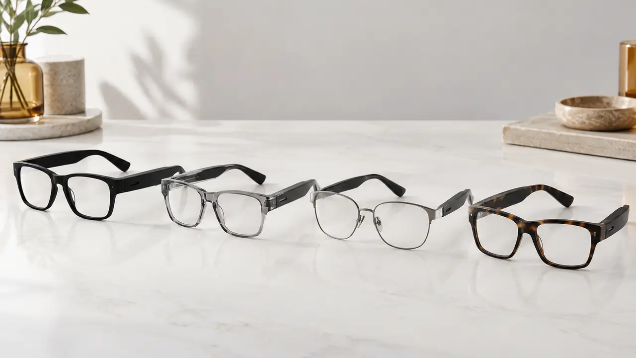 Four audio glasses frames laid out side by side on a grey table, temples open to show speaker and microphone ports