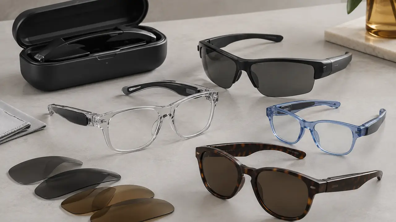 Specialty smart glasses family on a workbench: Rx-ready front, sports wrap, small kids frame and a charging case