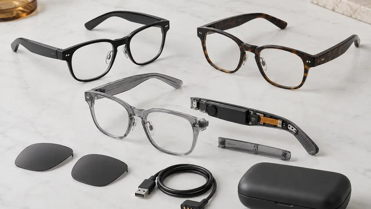 Smart glasses temples opened to show battery, speaker and flex circuit, with spare lenses and a charging case on a porcelain bench