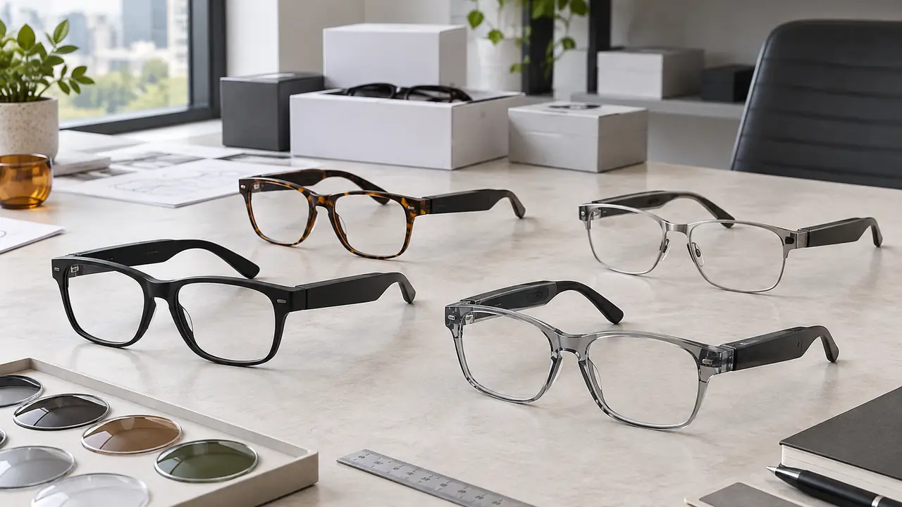 Smart glasses sourcing desk workspace with spec sheets, frame samples, lens blanks and an inspection checklist