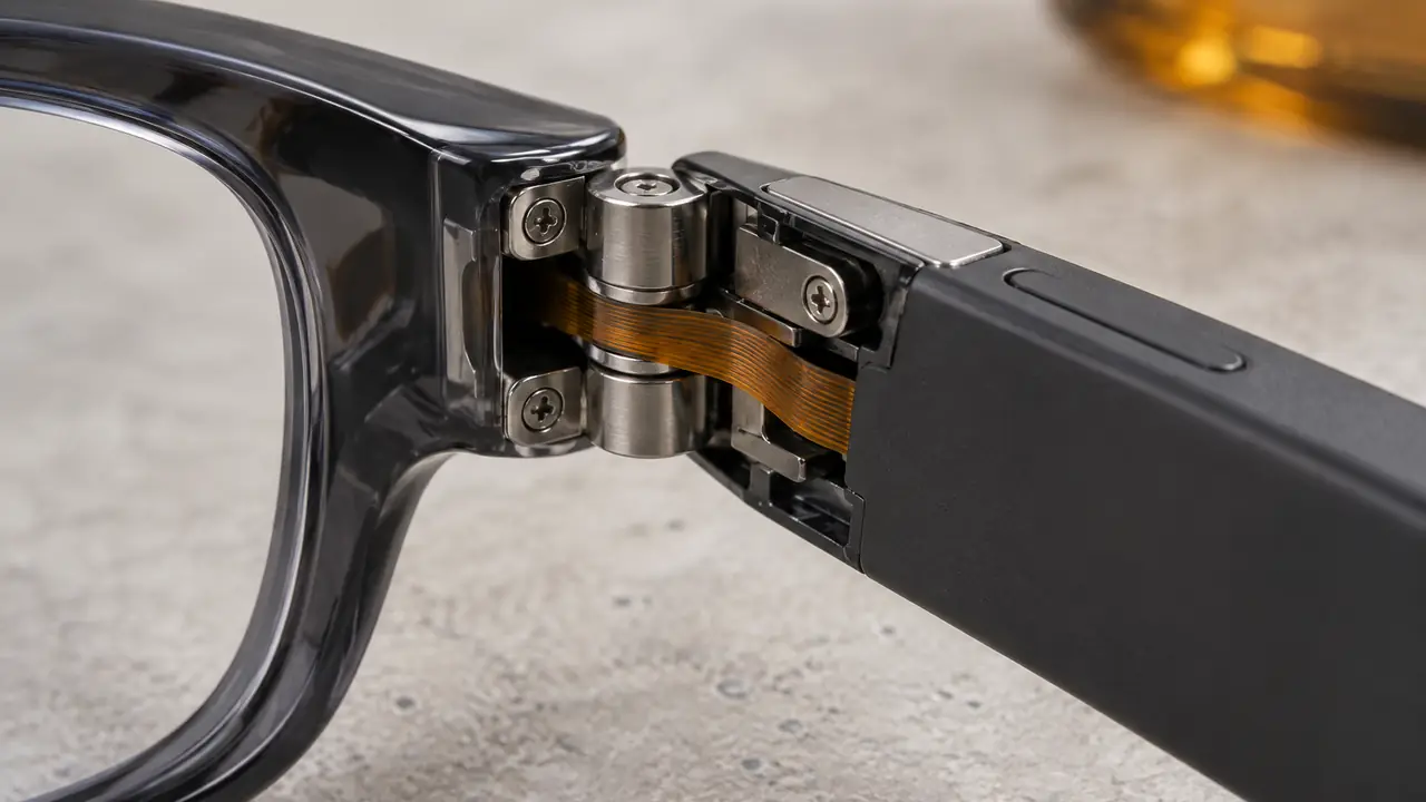 Smart glasses sourcing FAQ desk with sample pairs, a charging case, lens samples and a printed spec checklist
