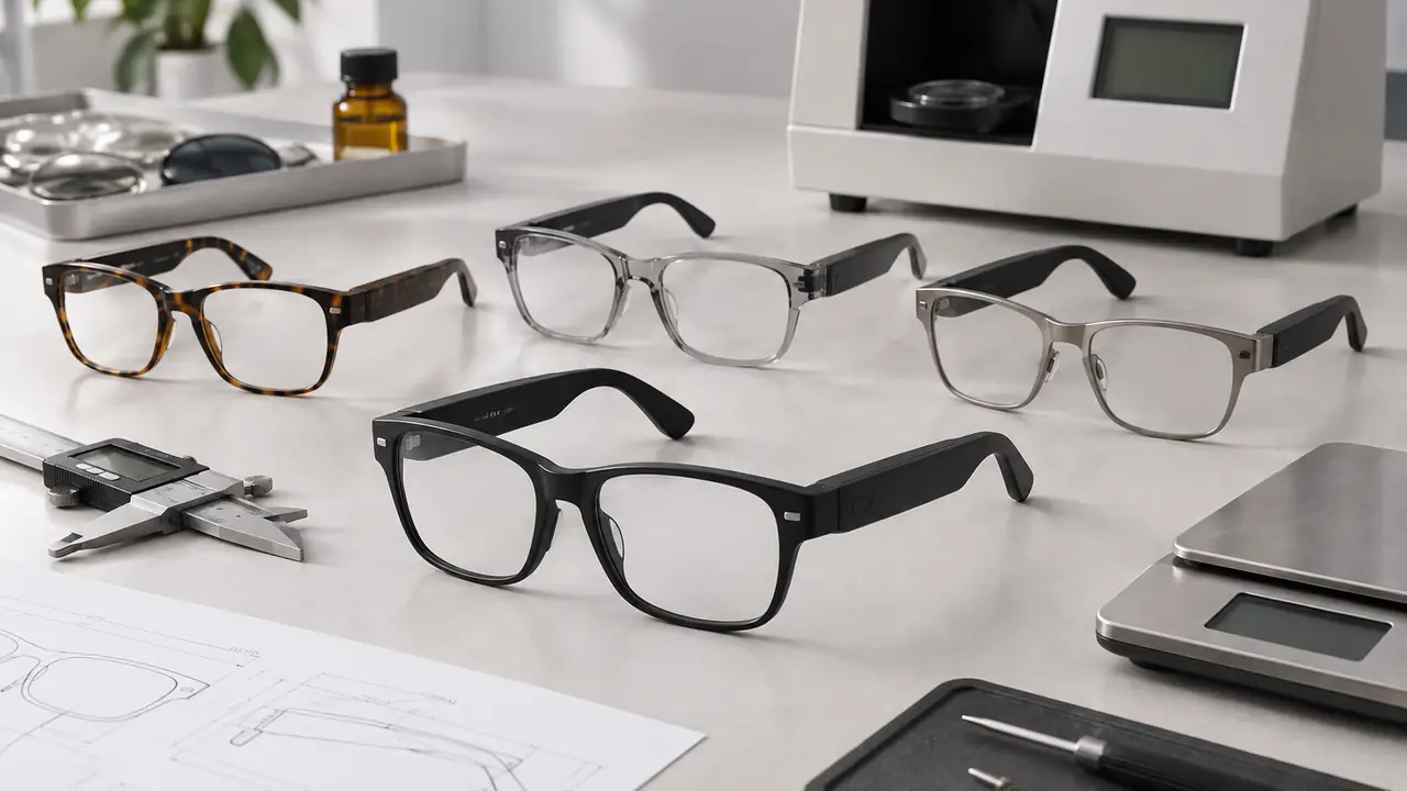 Smart glasses sourcing reference sheets and line cards arranged for an AI assistant guide, with sample frames