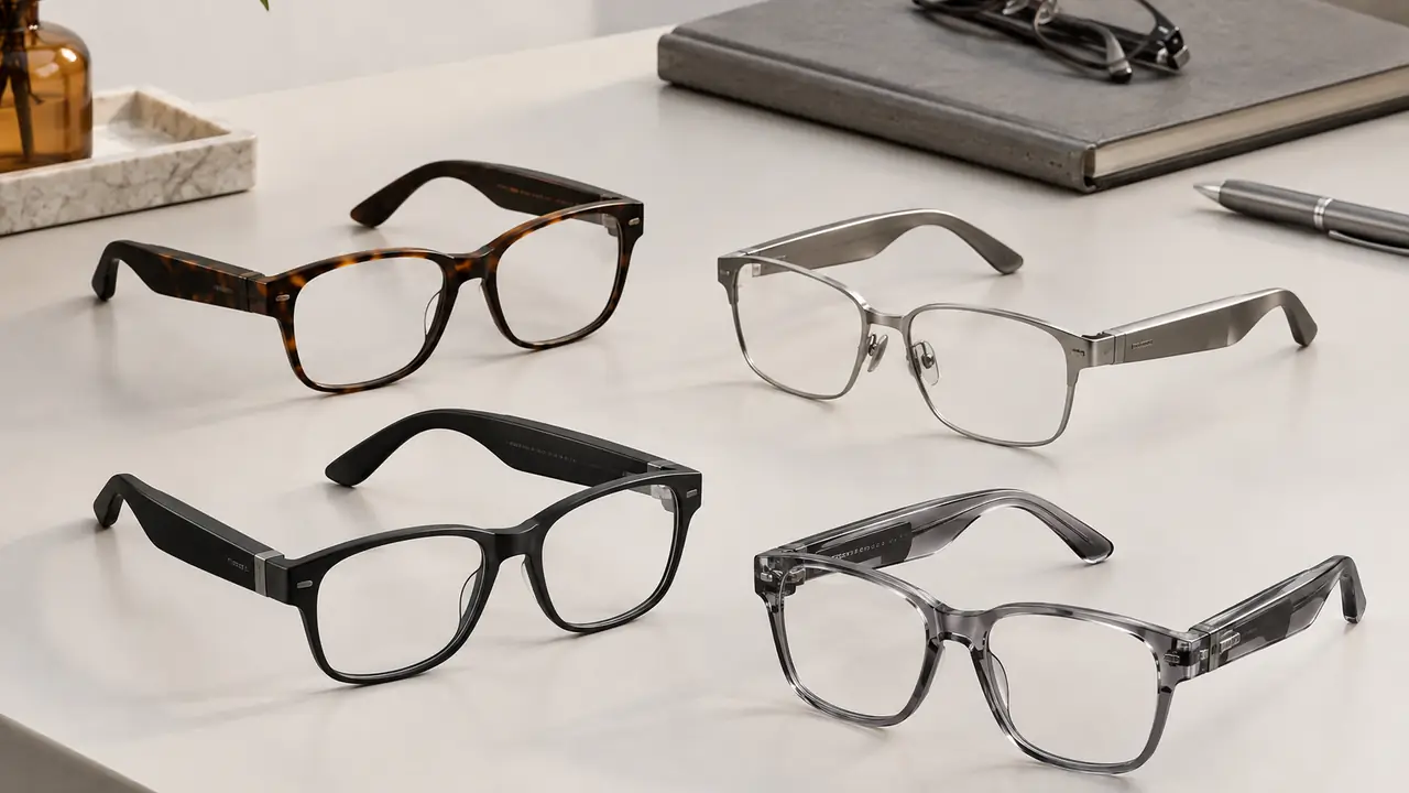 Privacy policy reference sheet on a sourcing desk next to closed smart glasses and a notebook