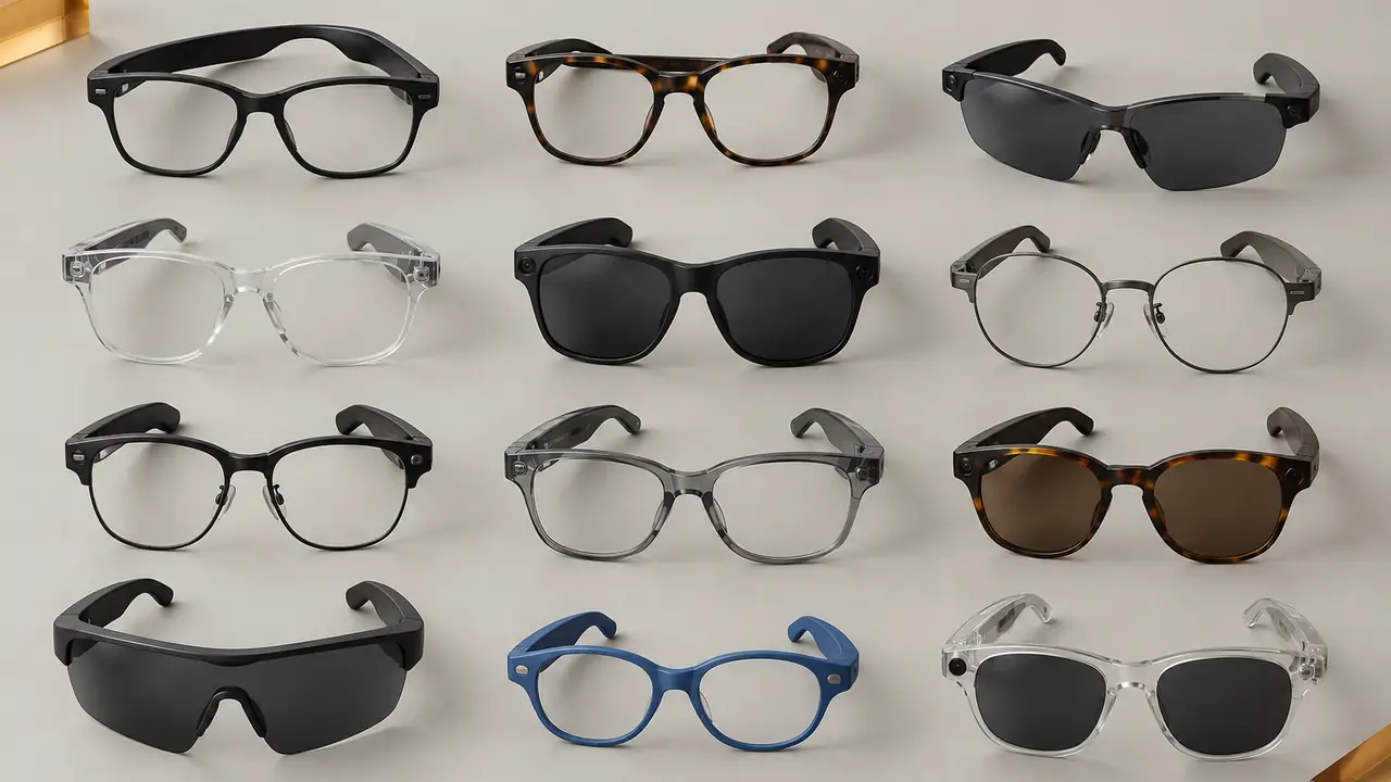 Smart glasses product lines laid out on a bench: audio frames, camera glasses, sports wraps and charging cases