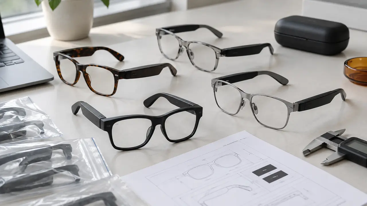 Smart glasses sourcing solutions desk with sample frames, spec sheets and carton labels sorted by buyer type