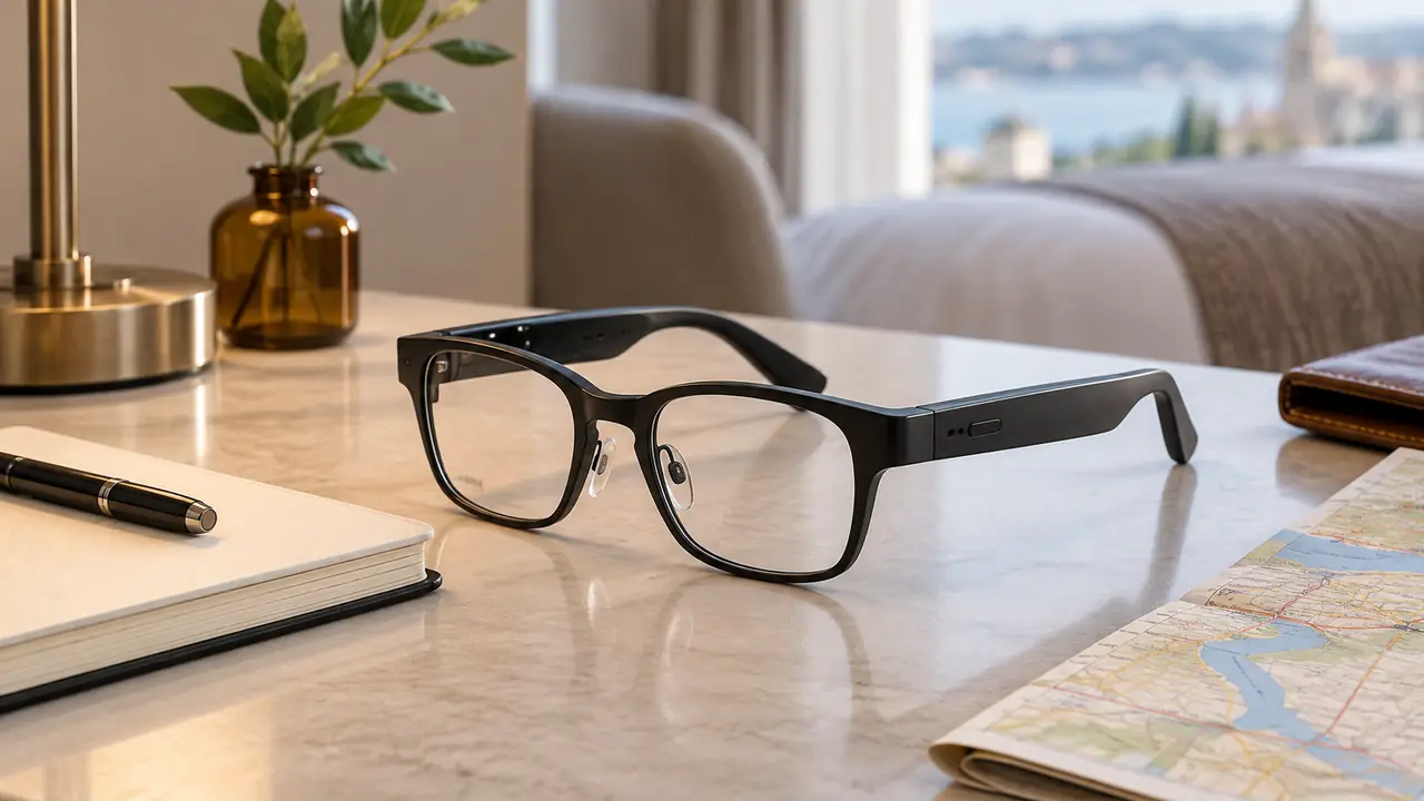 AI translation glasses on a desk beside a phone, microphone ports visible along the temple