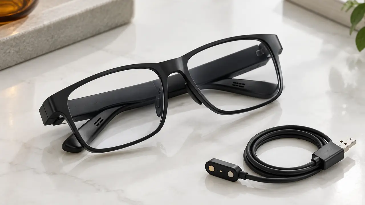 Matte black Bluetooth audio glasses folded on porcelain, speaker slots near the ear and a magnetic charging cable