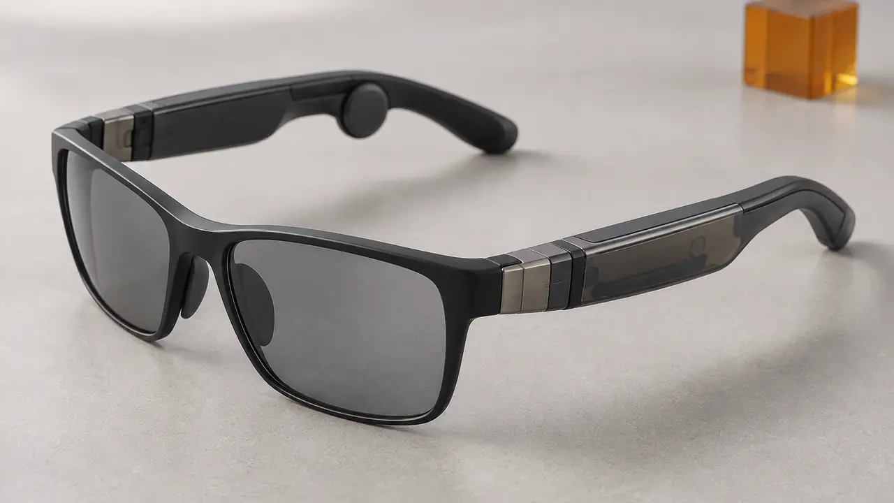 Bone conduction glasses with wrap temples, the transducer pad visible on the inner side of each arm