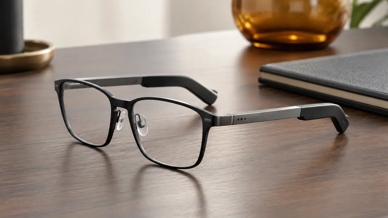 Business call glasses in a dark metal front beside a laptop, microphone holes visible along the temple