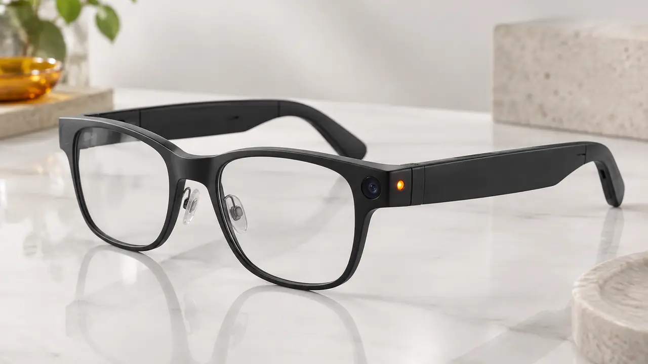 Camera glasses on a grey bench with the lens module and recording indicator LED visible at the front corner
