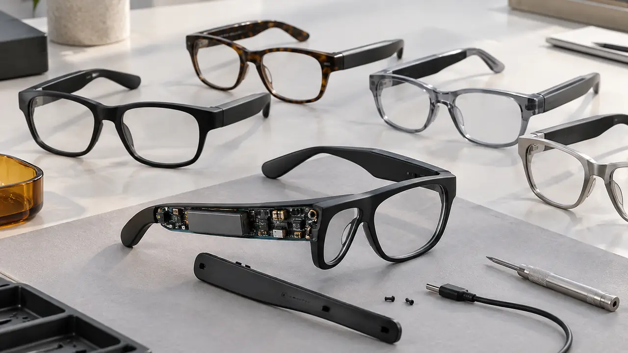 Developer smart glasses on an electronics bench with an open temple, debug cable and laptop showing BLE logs