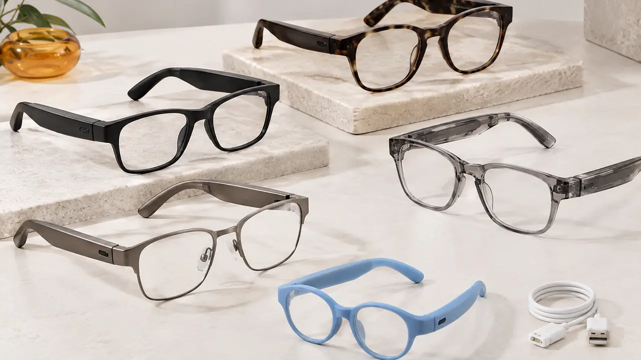 Kids smart glasses in a small soft TR90 frame with UV400 lenses next to a silicone strap and charging cable