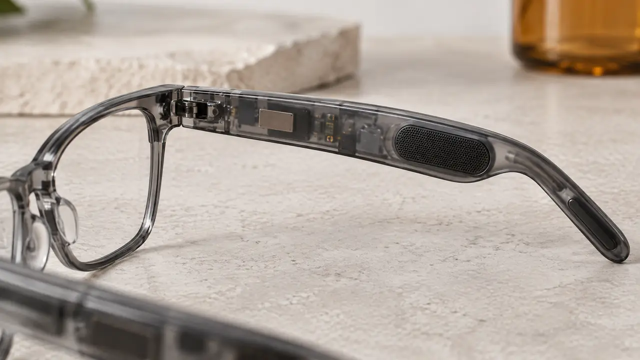 Open-ear audio glasses with a temple turned to show the speaker port and acoustic chamber slot near the ear