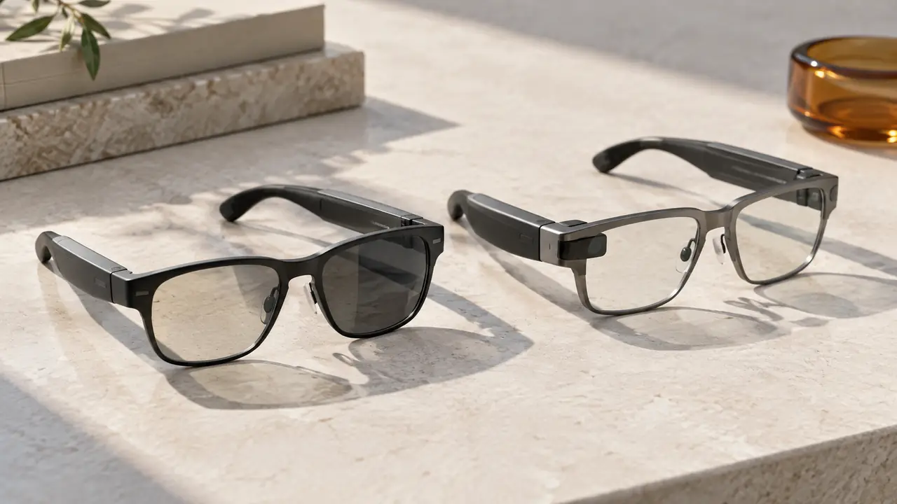 Photochromic AR glasses on a light table, one lens darkened and a display module visible in the right temple