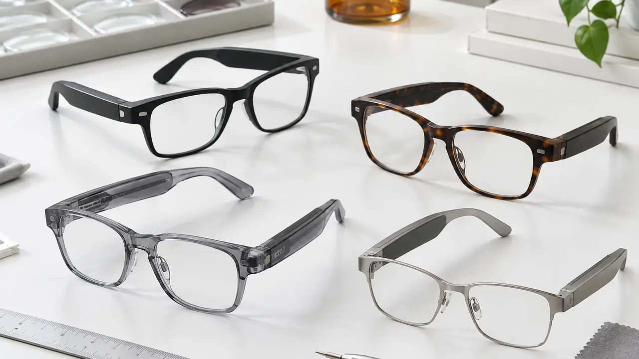 Rx-ready prescription smart glasses front with clear plano lens blanks beside a lens edging fixture